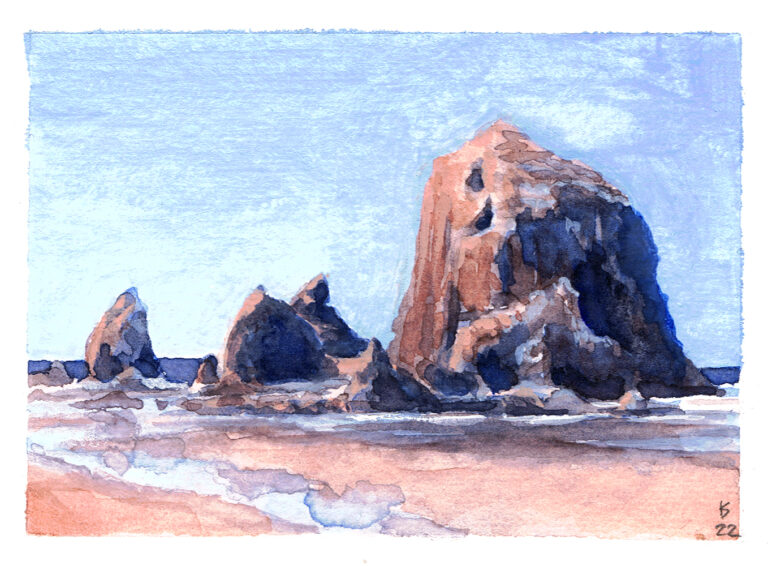 Two-color painting of a rocky shore