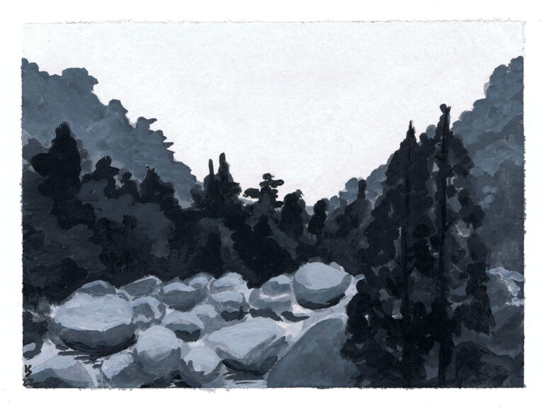 Greyscale painting of a rocky river bed